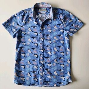MTL MADE TO LIVE Shark Shirt Mens Small All Over Print Short‎ Sleeve Casual Slim